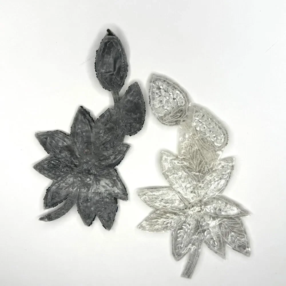 Set of 2 Large Beaded Sequin Floral Appliqués – Silver & Black
